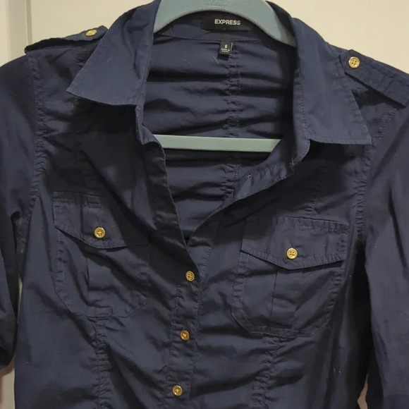 Navy Button-Down Ruched Shirt by Express - Picture 3 of 4
